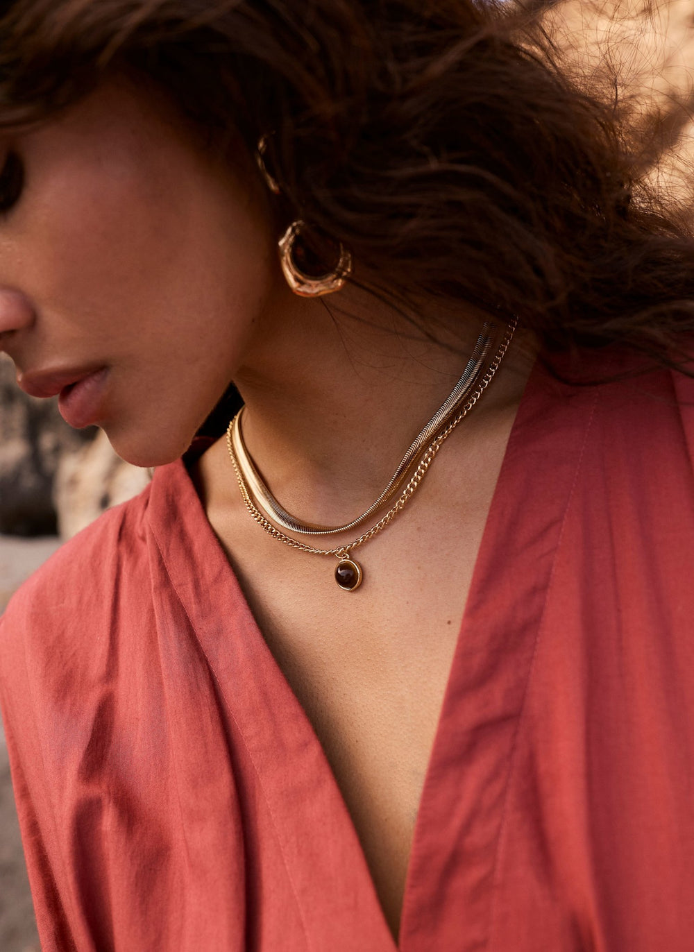 Gold Tone Layered Stone Necklace