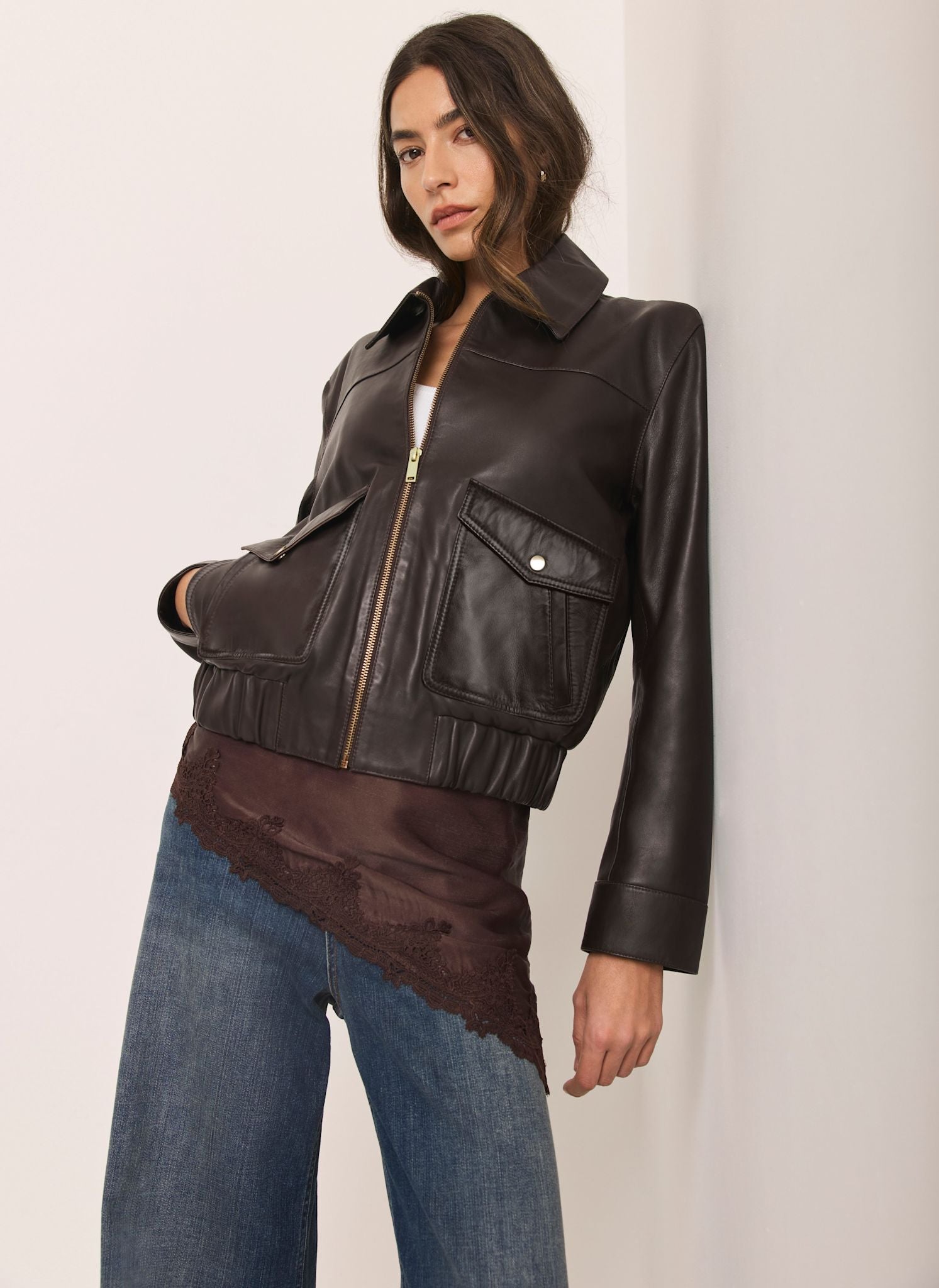 Brown Leather Collared Bomber Jacket – Mint Velvet