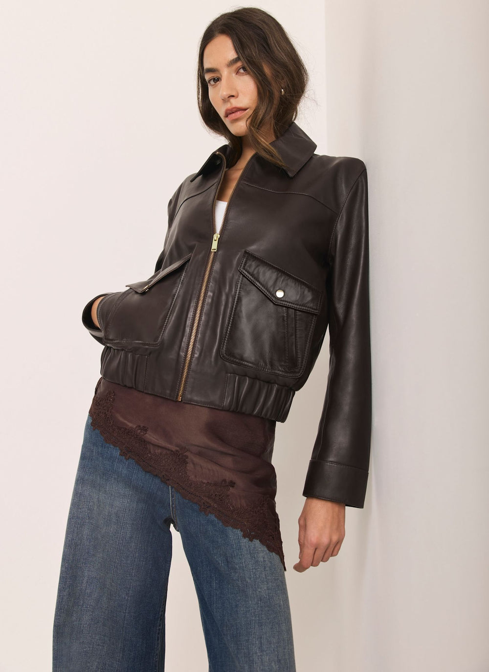 Brown Leather Collared Bomber Jacket