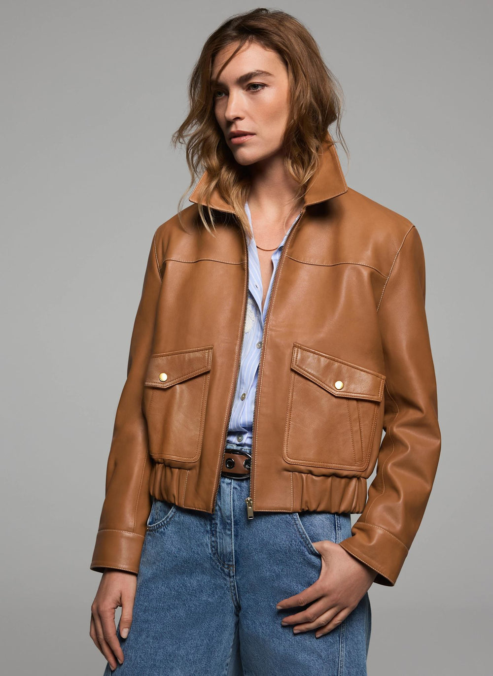 Tan Leather Collared Bomber Jacket
