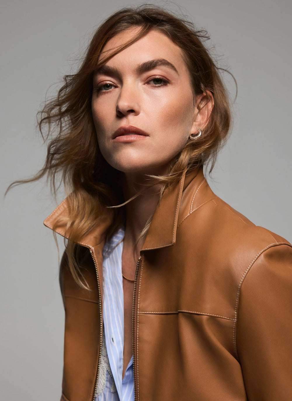 Tan Leather Collared Bomber Jacket