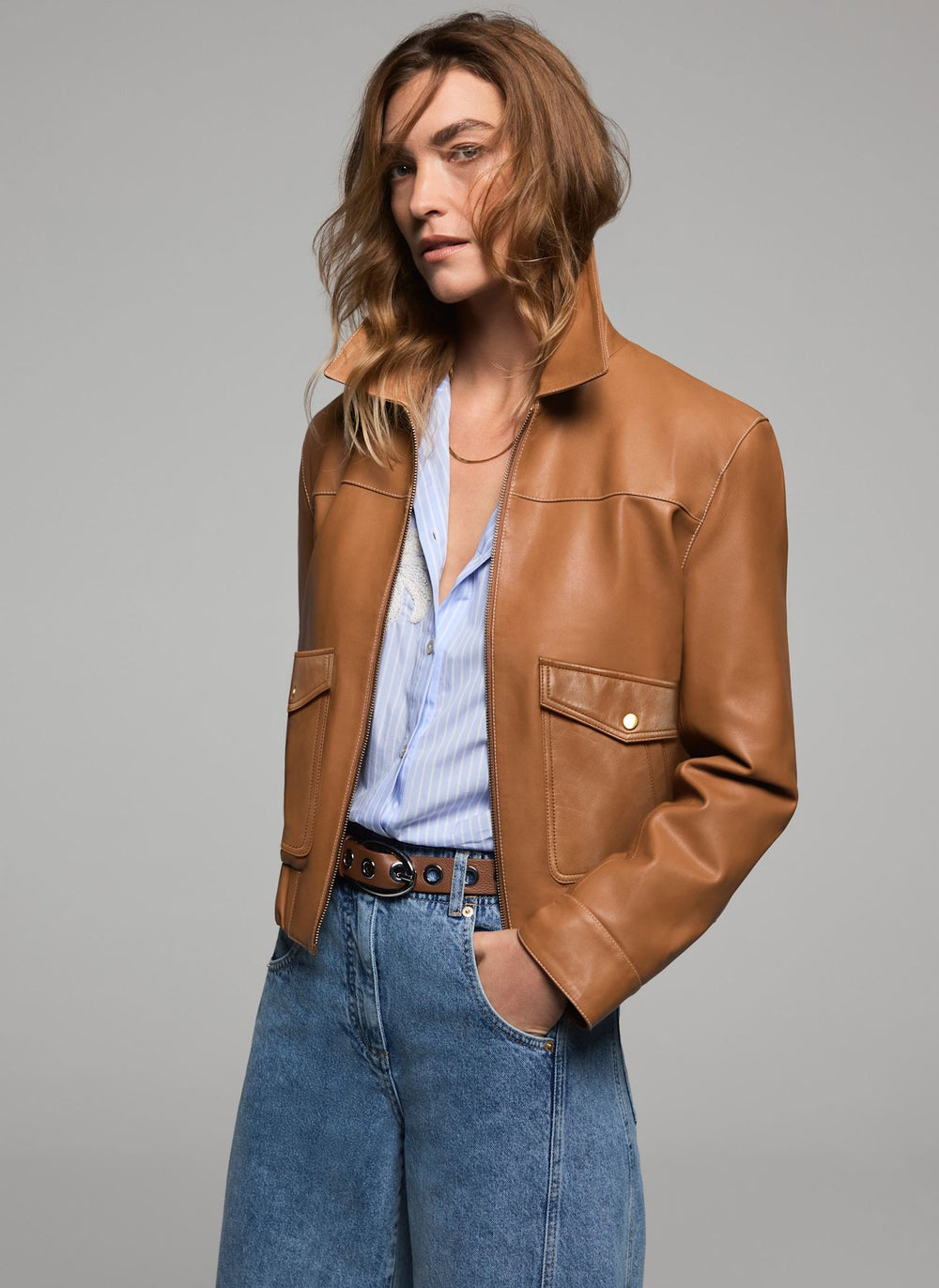Tan Leather Collared Bomber Jacket