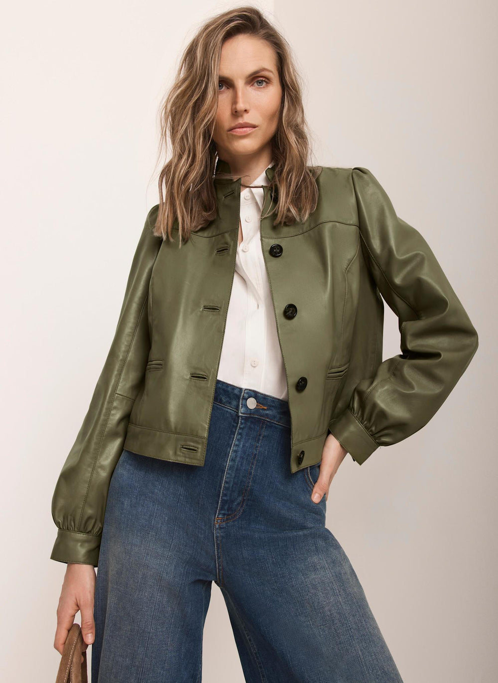 Green Leather Puff Sleeve Jacket