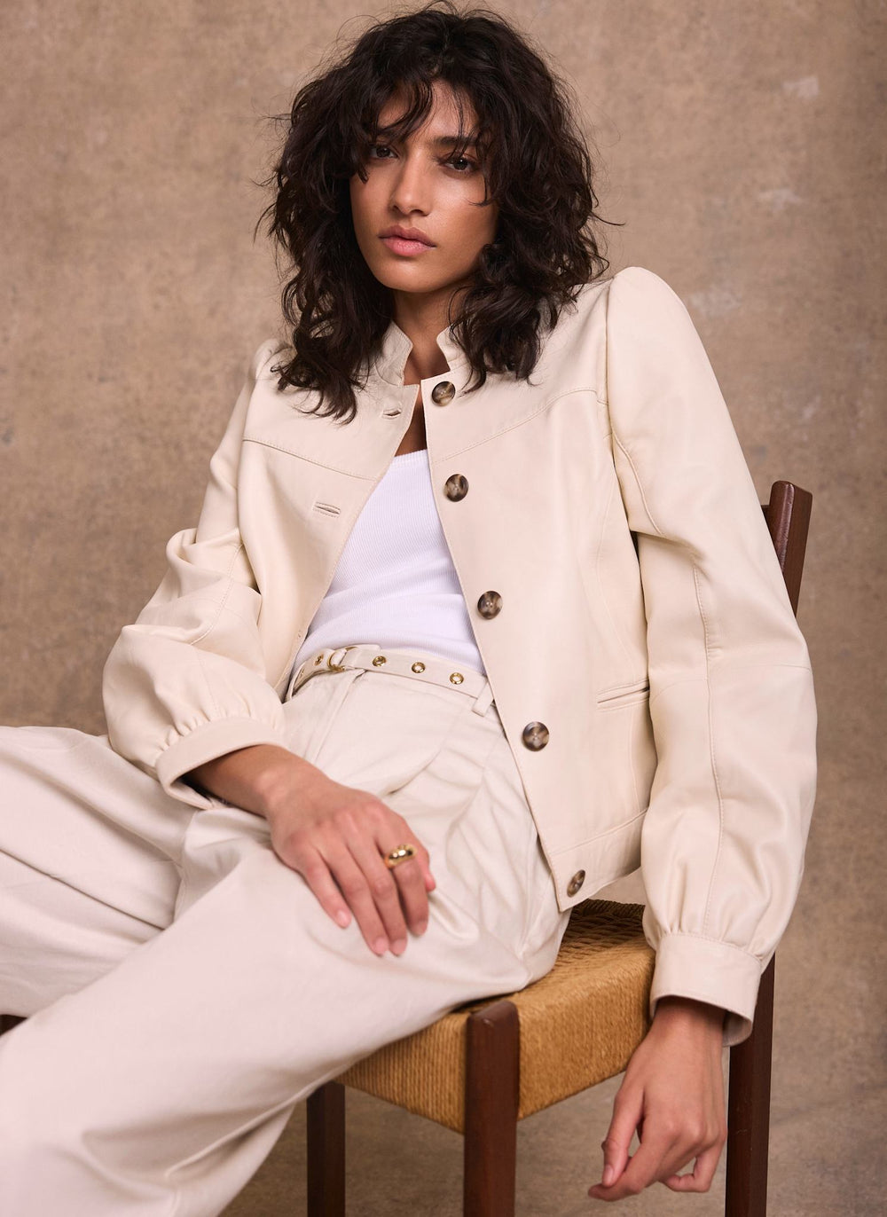 Cream Leather Puff Sleeve Jacket