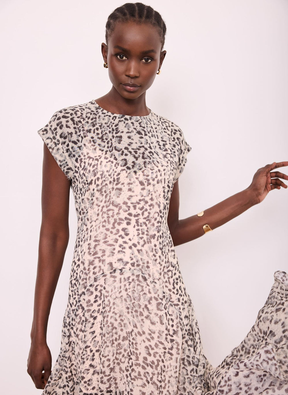 Leopard Print Cap Sleeve Midi Dress