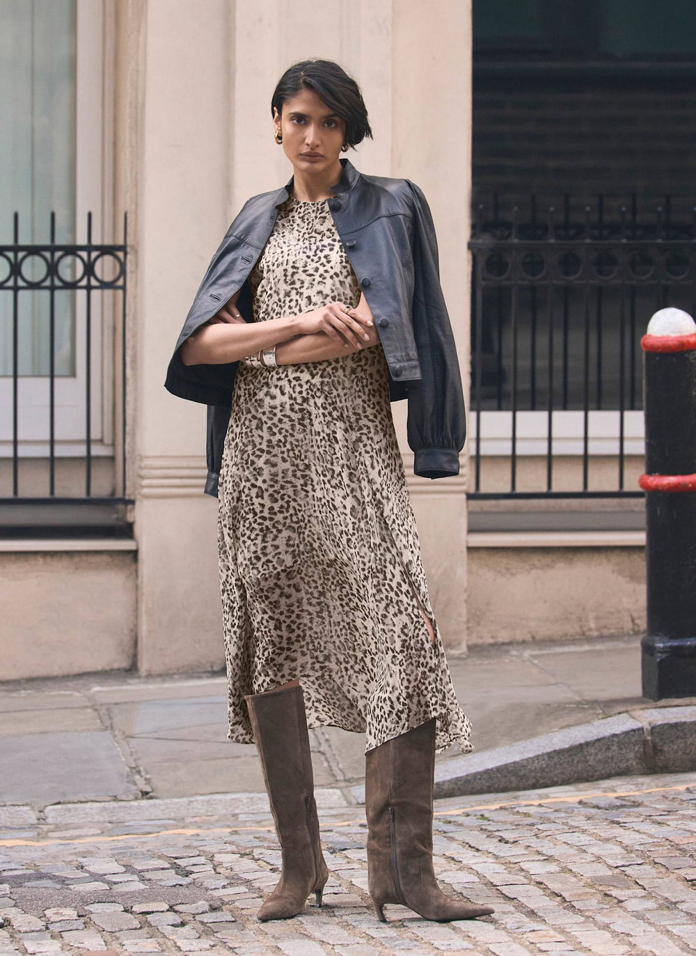 Leopard Print Cap Sleeve Midi Dress