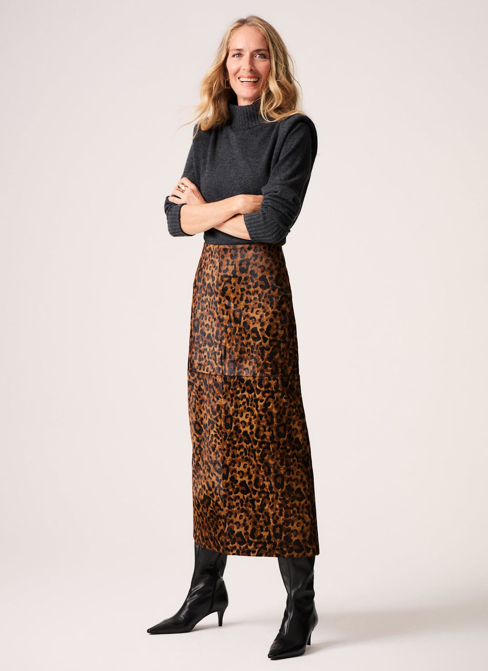 Leopard Print Textured Leather Pencil Maxi Skirt
