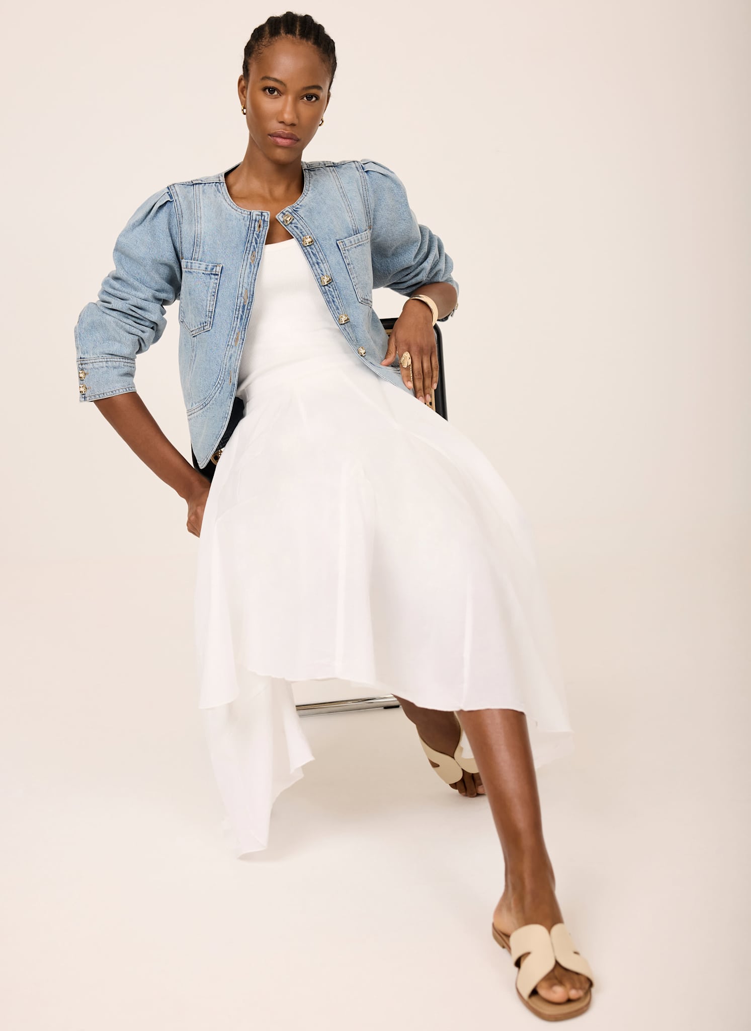 Light Indigo Collarless Denim Jacket – Mint Velvet