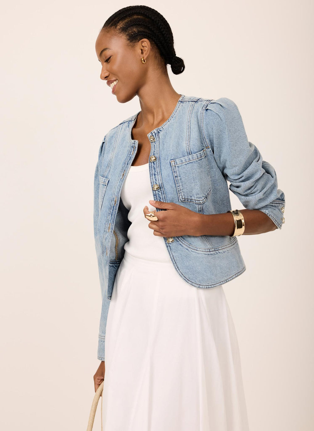 Light Indigo Collarless Denim Jacket