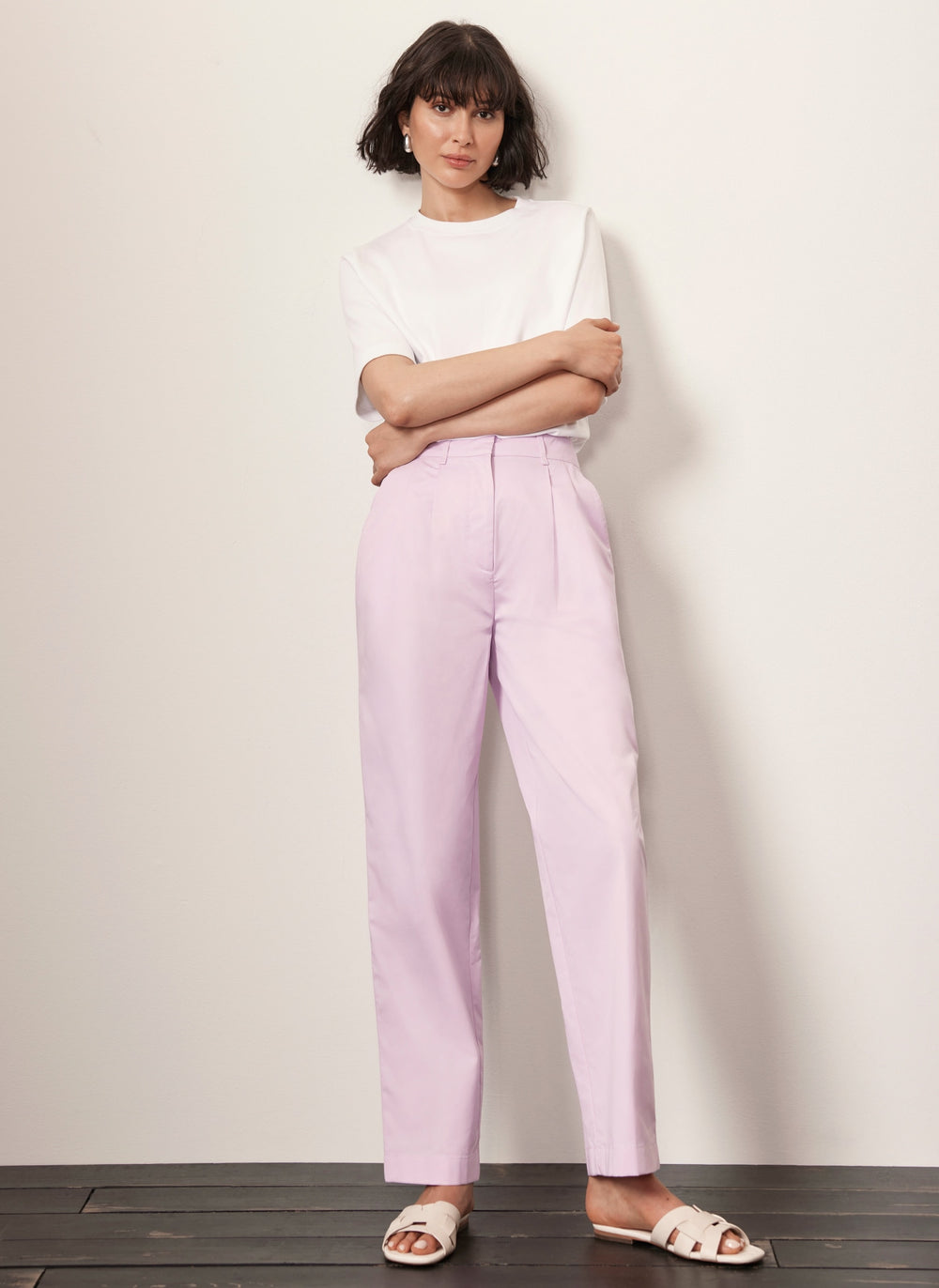Lilac Cotton Tapered Pleated Trousers