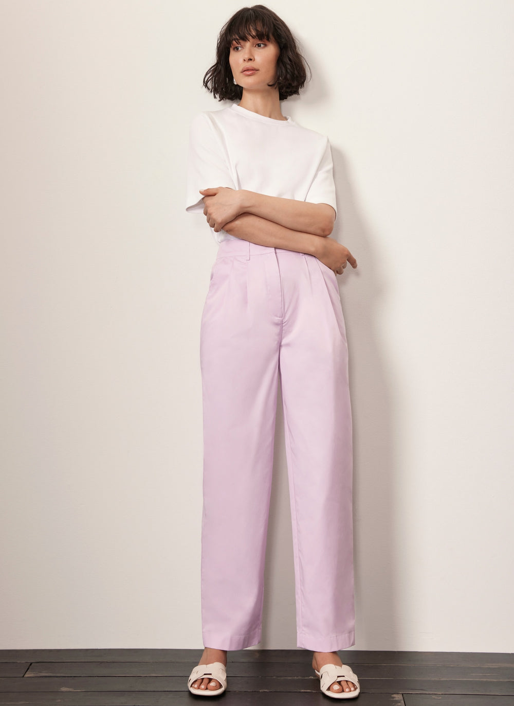 Lilac Cotton Tapered Pleated Trousers