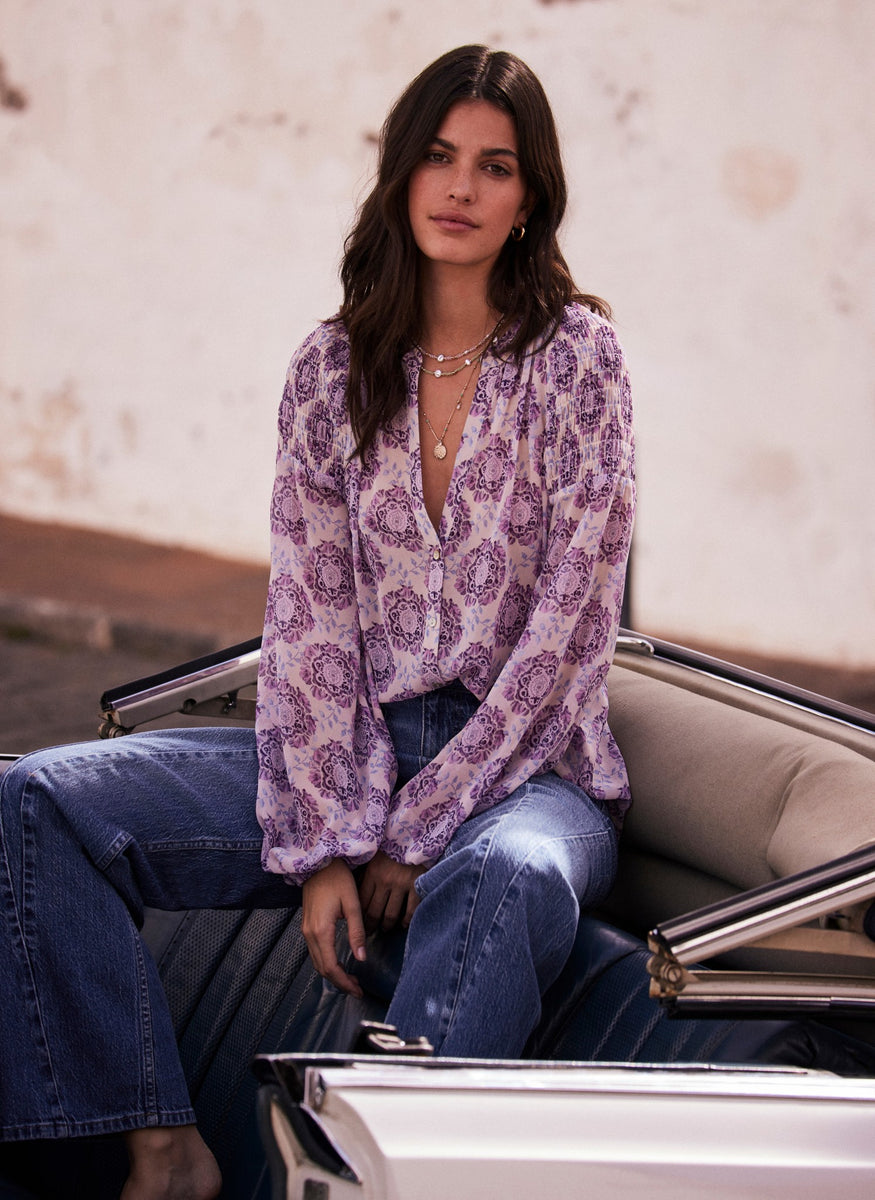 Lilac Floral Print Shirred Blouse