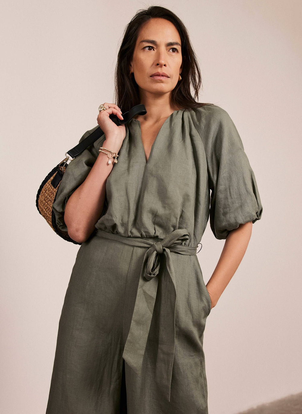 Khaki Linen Puff Sleeve Jumpsuit