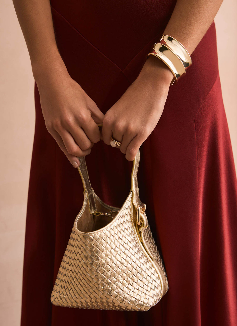 Lola Gold Leather Woven Bucket Bag