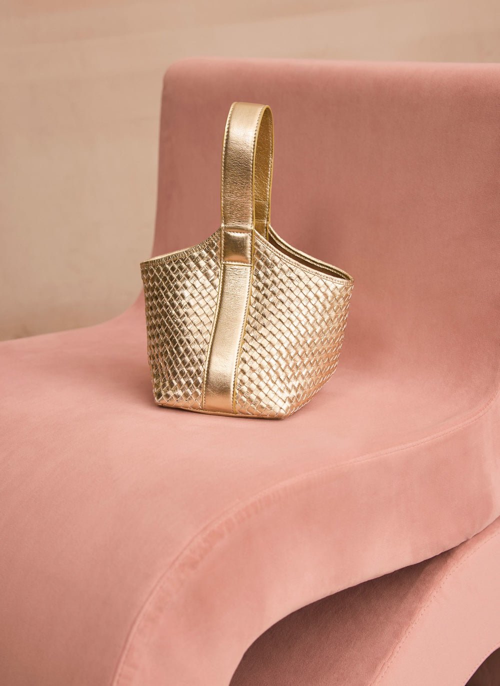 Lola Gold Leather Woven Bucket Bag