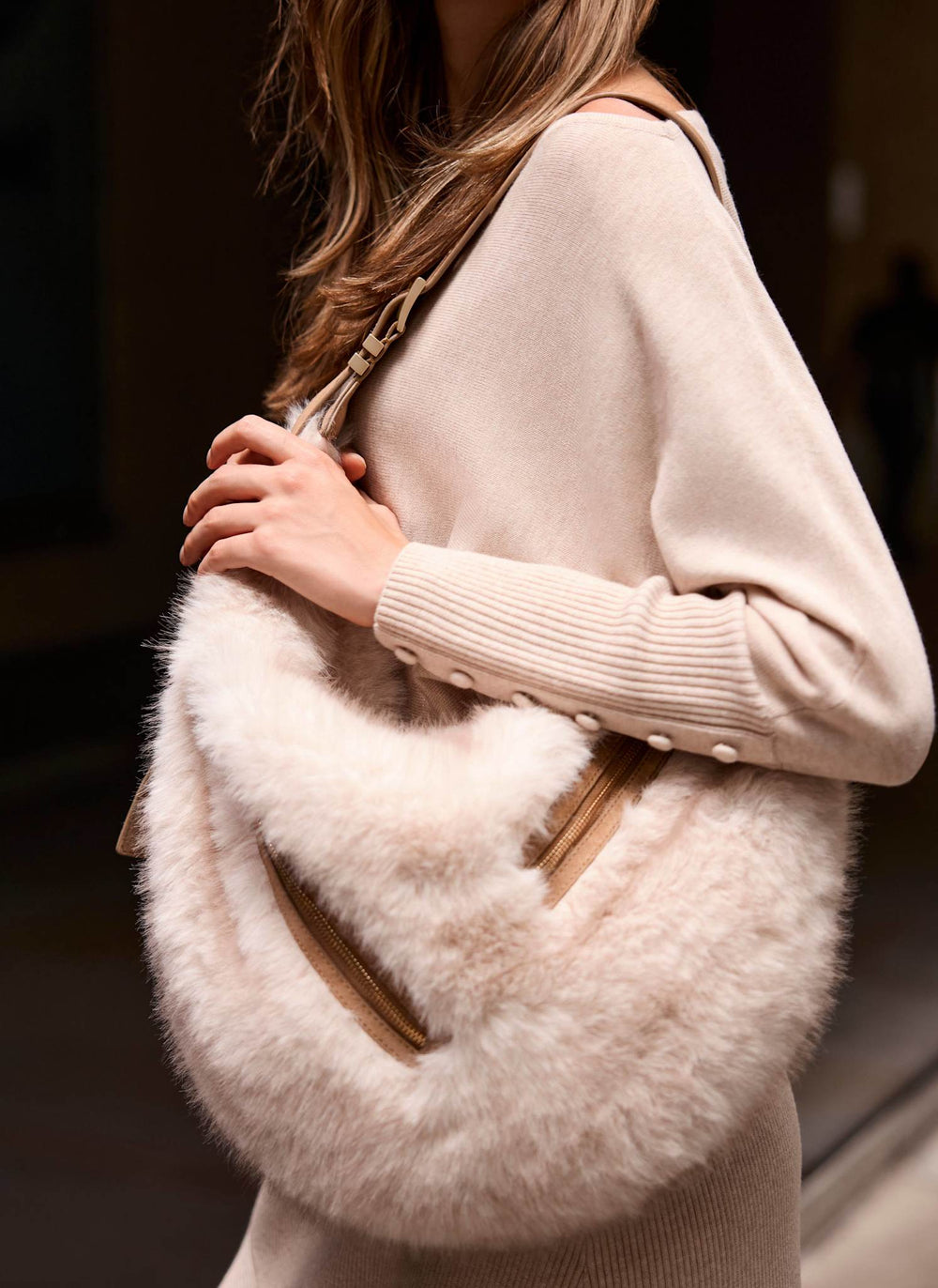 Luna Neutral Faux Fur Hobo Bag