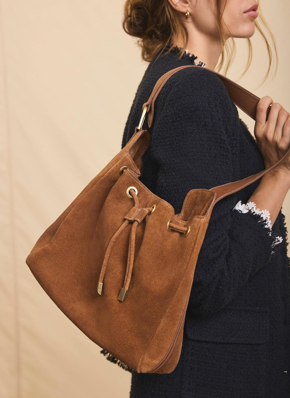 Mabel Tan Suede Bucket Bag