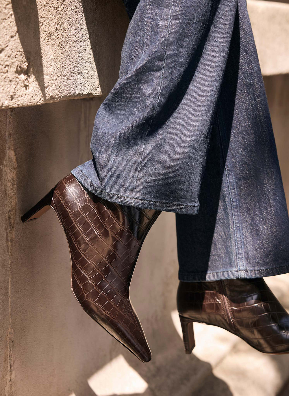 Macy Brown Leather Croc Effect Ankle Boots