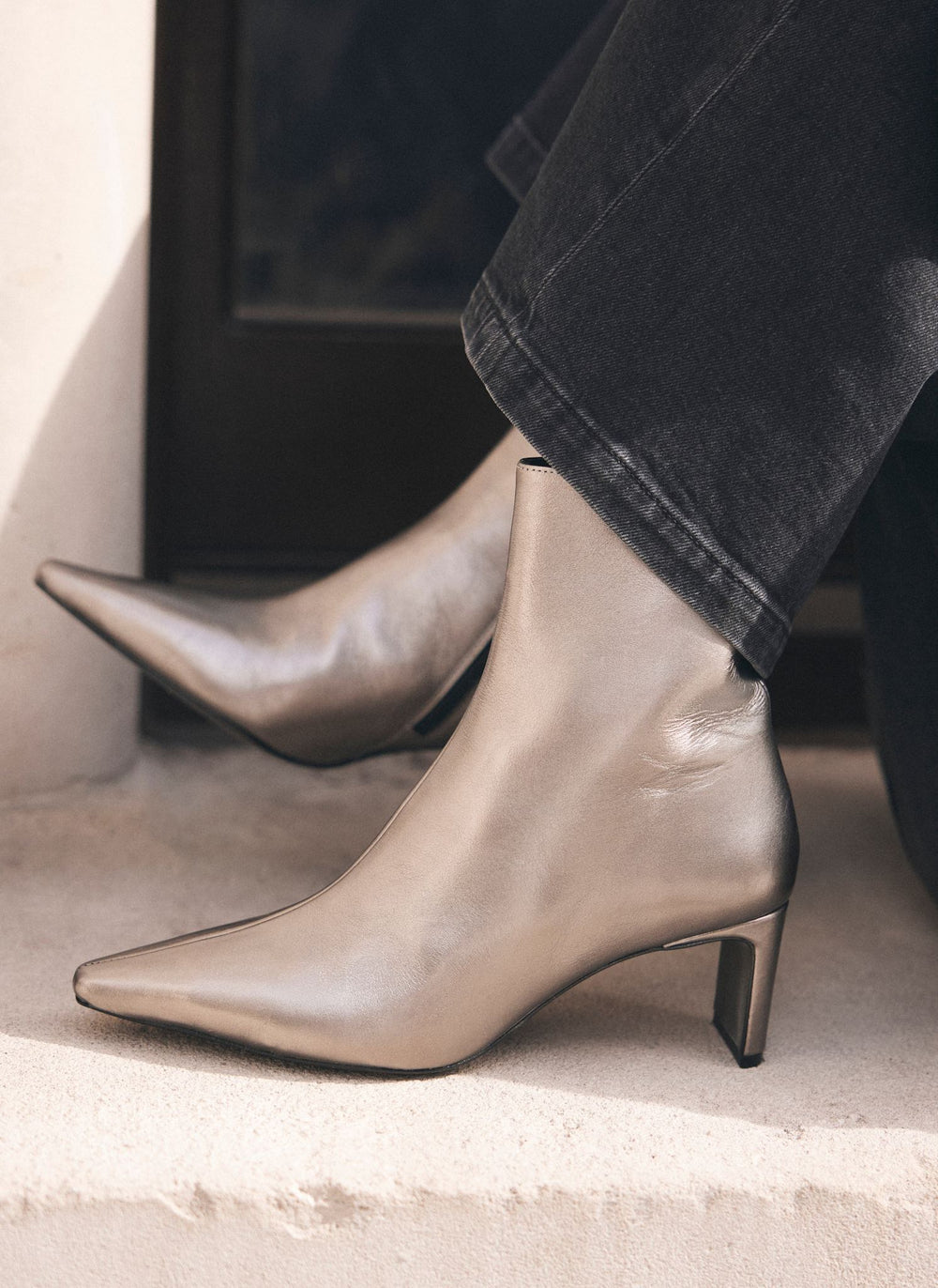 Macy Metallic Heeled Leather Ankle Boots