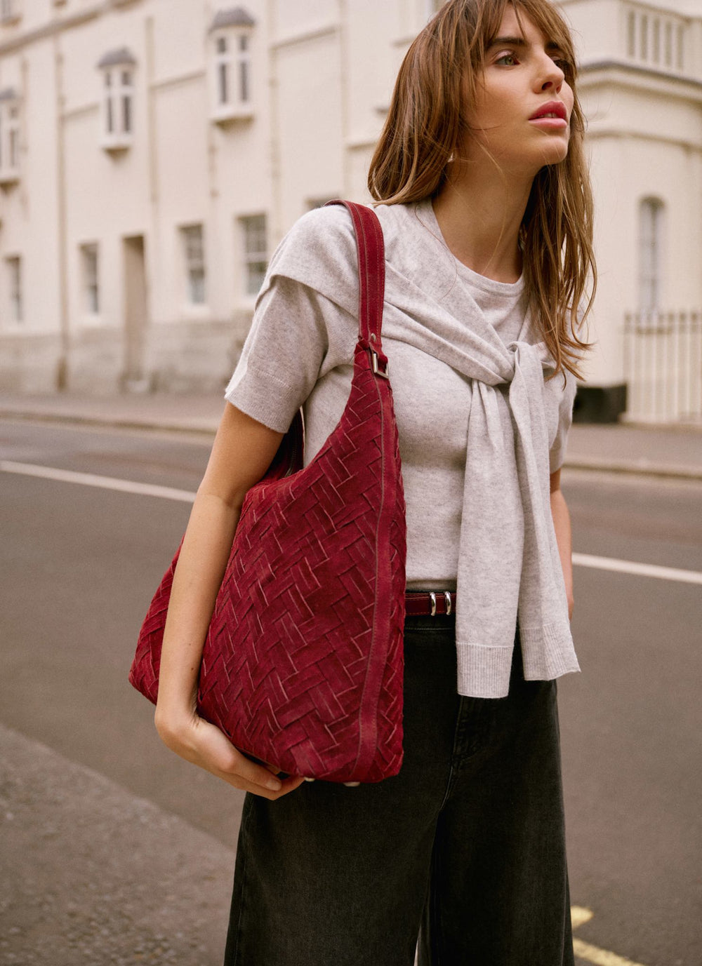 May Burgundy Woven Suede Shoulder Bag