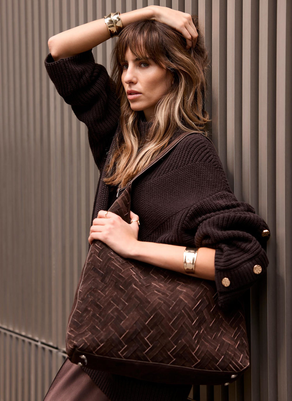 May Brown Woven Suede Shoulder Bag