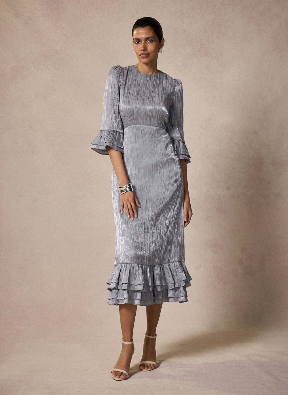 Silver Metallic Ruffle Midi Dress