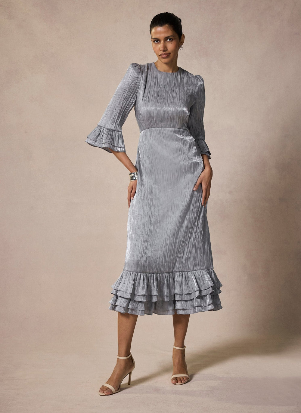 Silver Metallic Ruffle Midi Dress