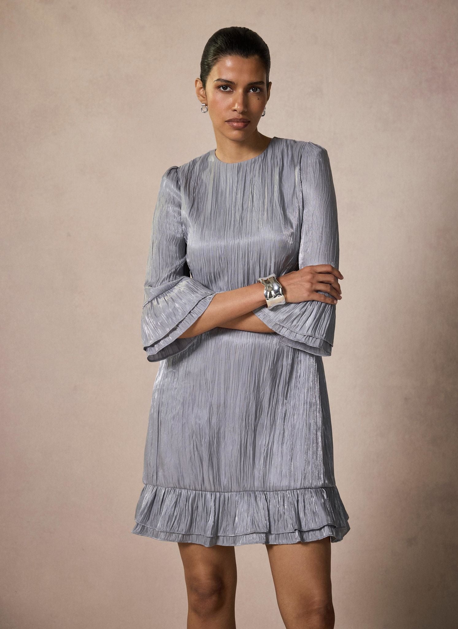 Silver Metallic Ruffle Detail Mini Dress – Mint Velvet Silver Metallic Ruffle Detail Mini Dress – Mint Velvet