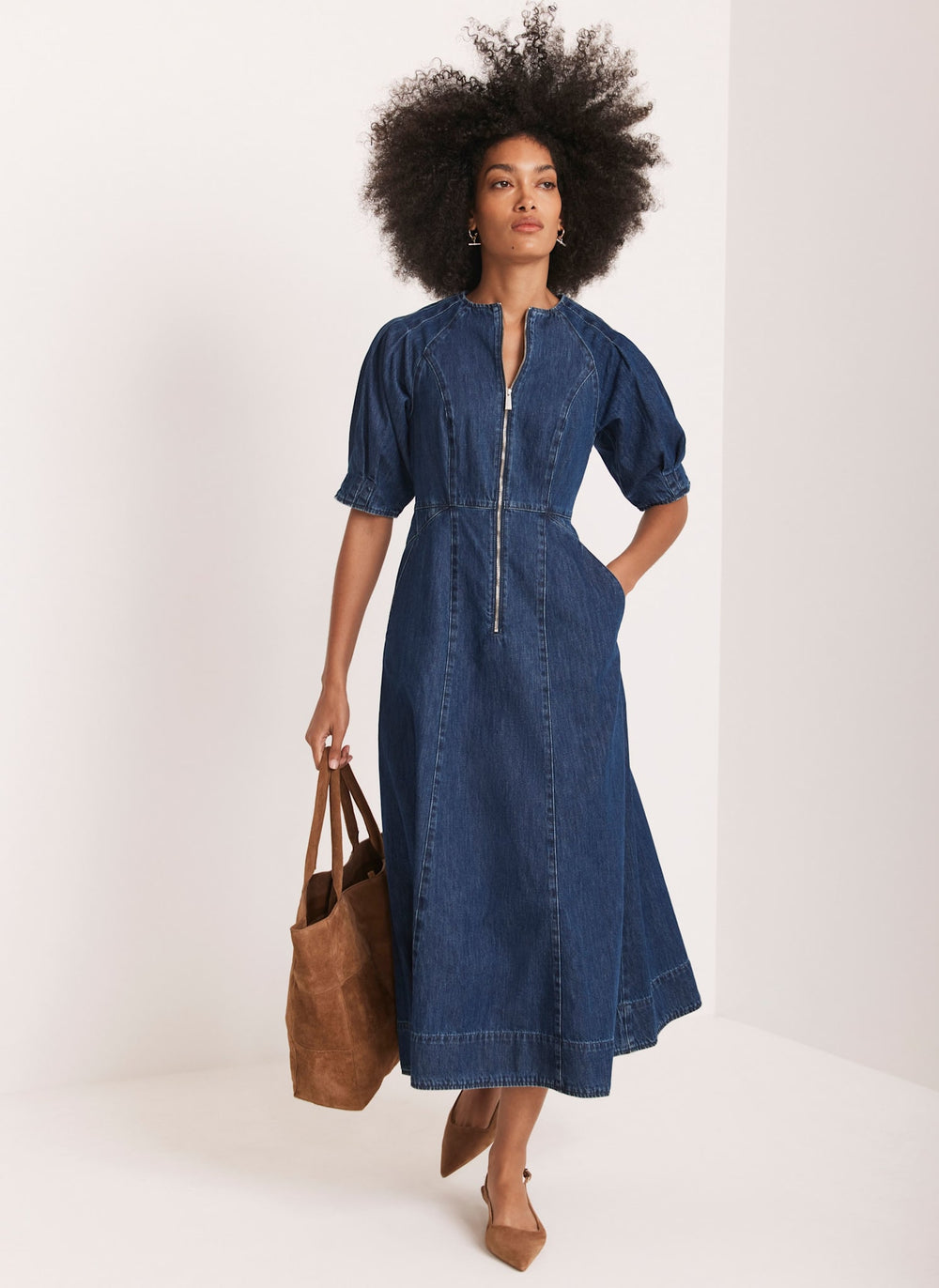 Indigo Denim Zip Midi Dress