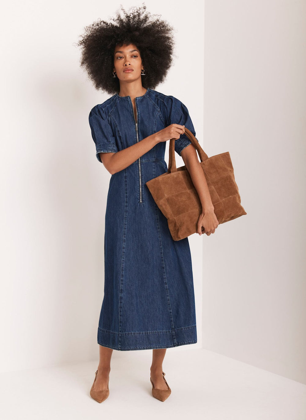 Indigo Denim Zip Midi Dress