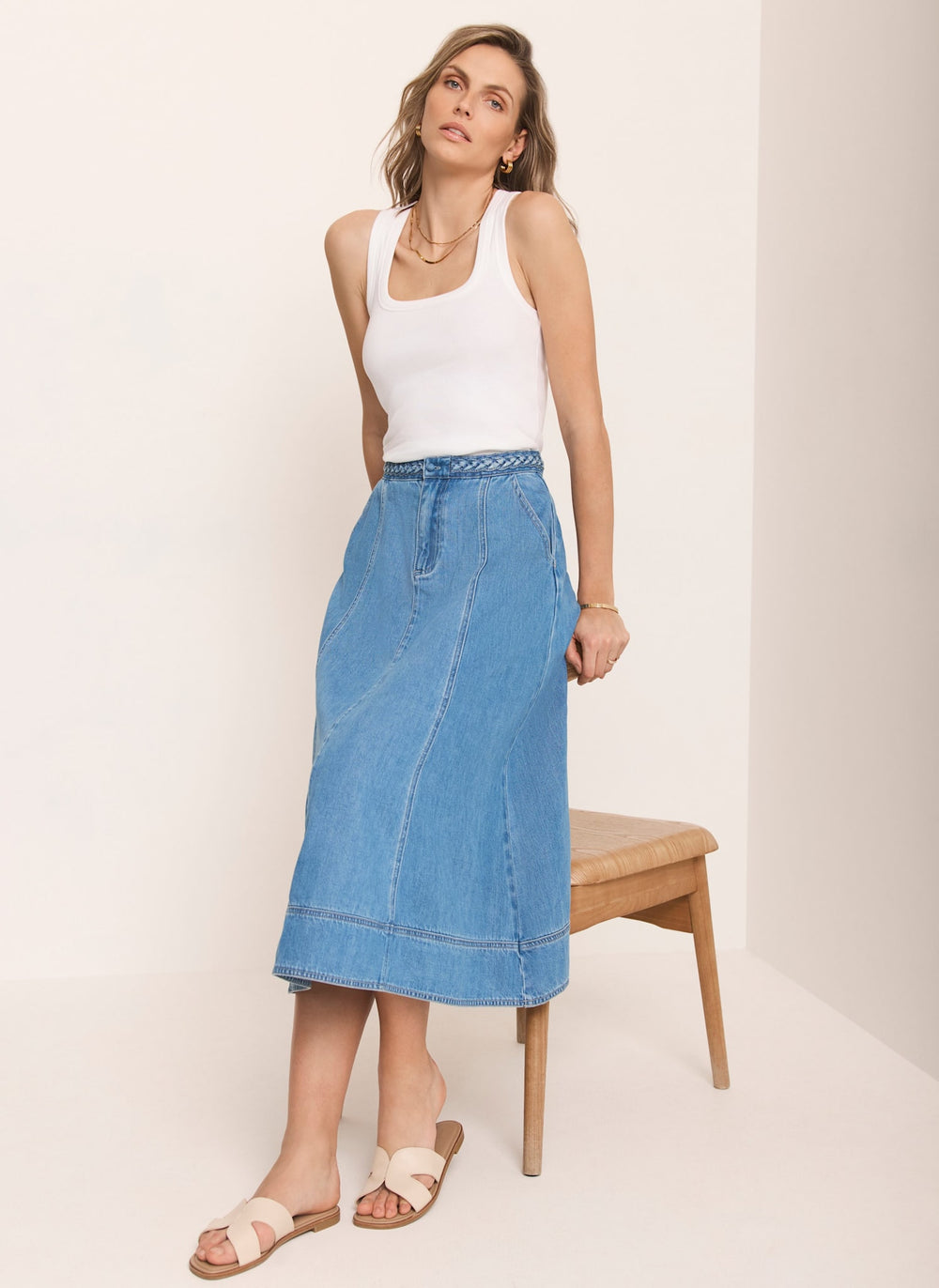 Mid Indigo Plait Detail Denim Midi Skirt