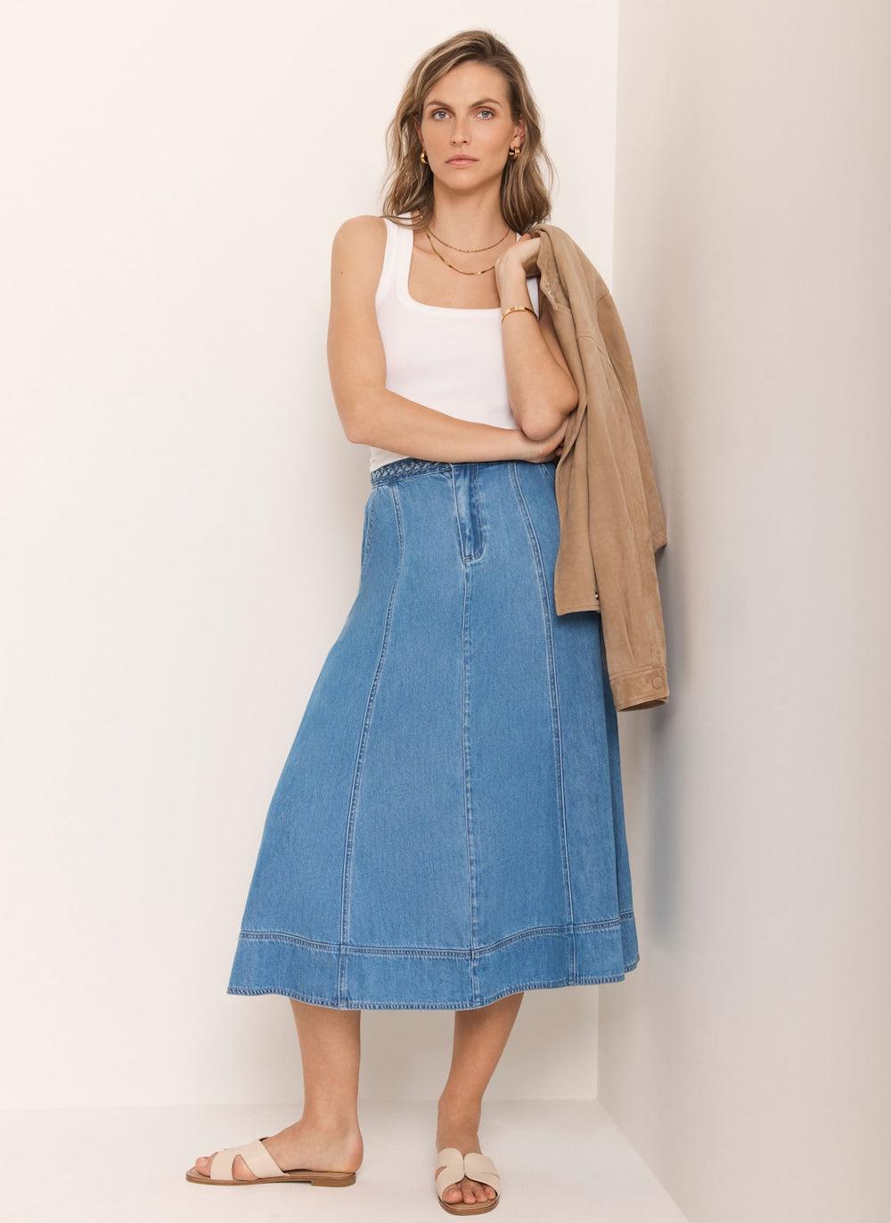 Mid Indigo Plait Detail Denim Midi Skirt