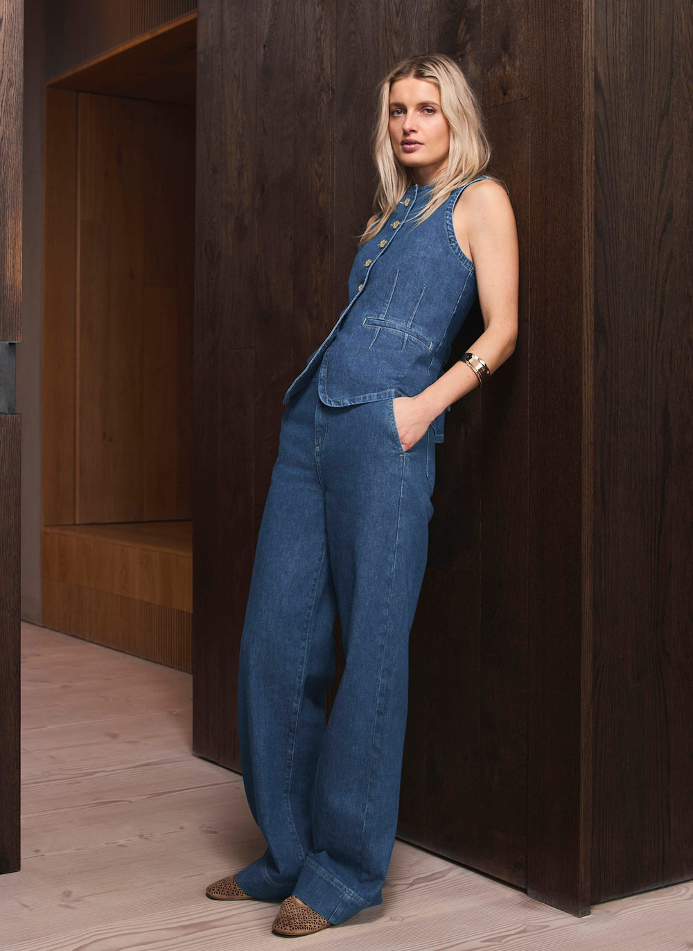 Mid Indigo Buckle Detail Wide Jeans