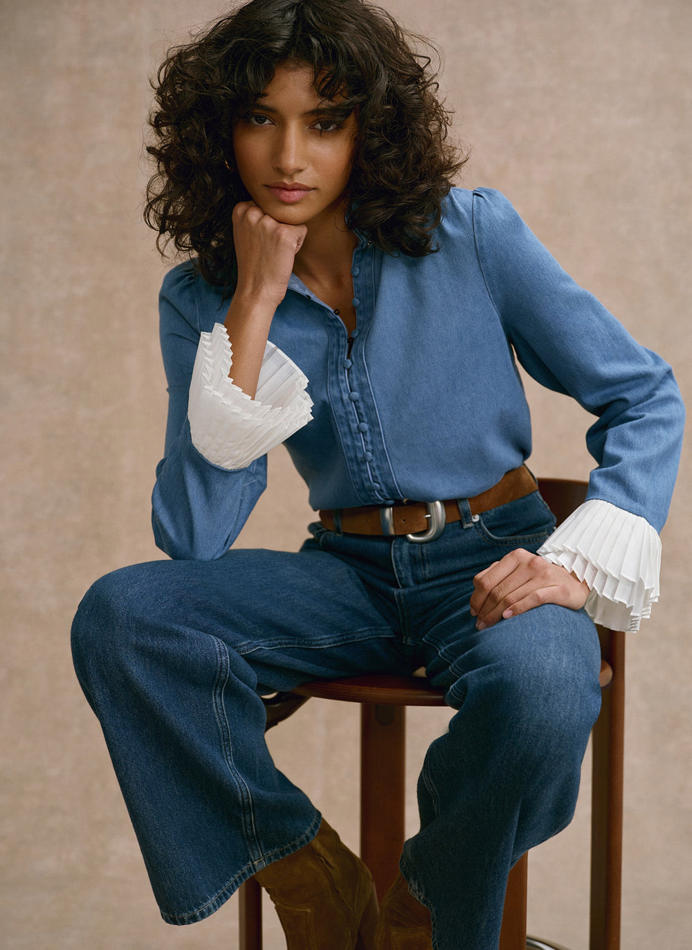 Mid Indigo Denim Contrast Cuff Blouse