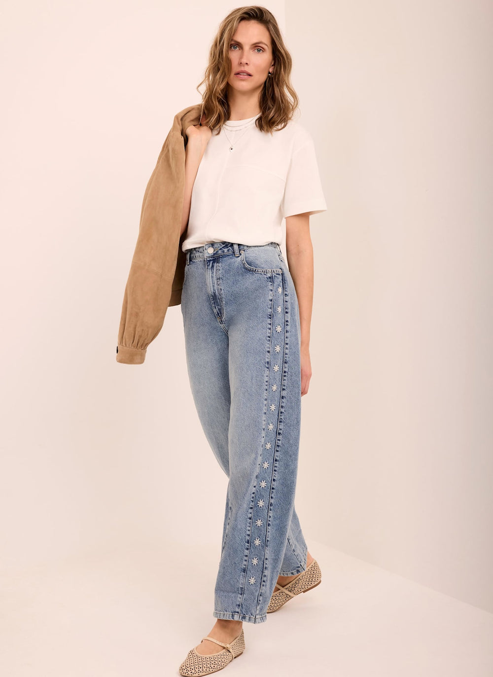Mid Indigo Floral Embroidered Tapered Jeans