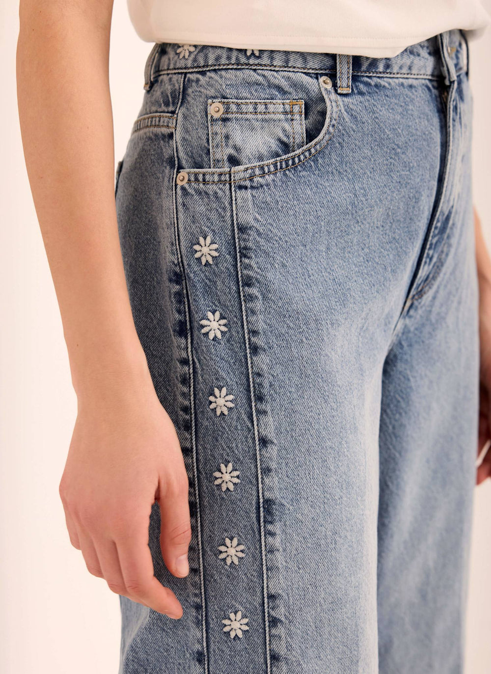 Mid Indigo Floral Embroidered Tapered Jeans