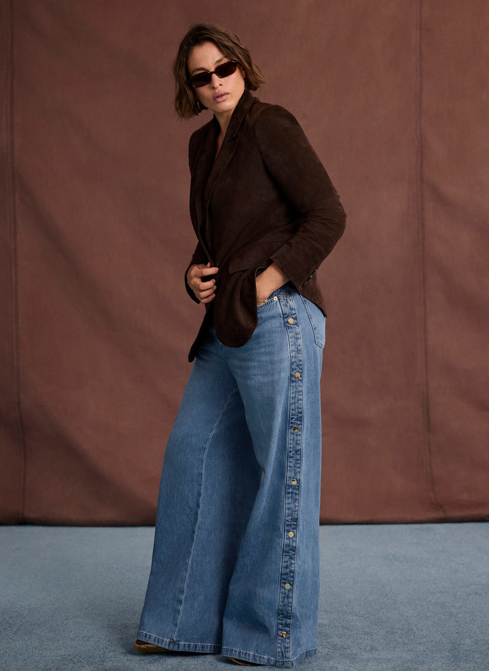 Mid Indigo Popper Detail Wide Jeans
