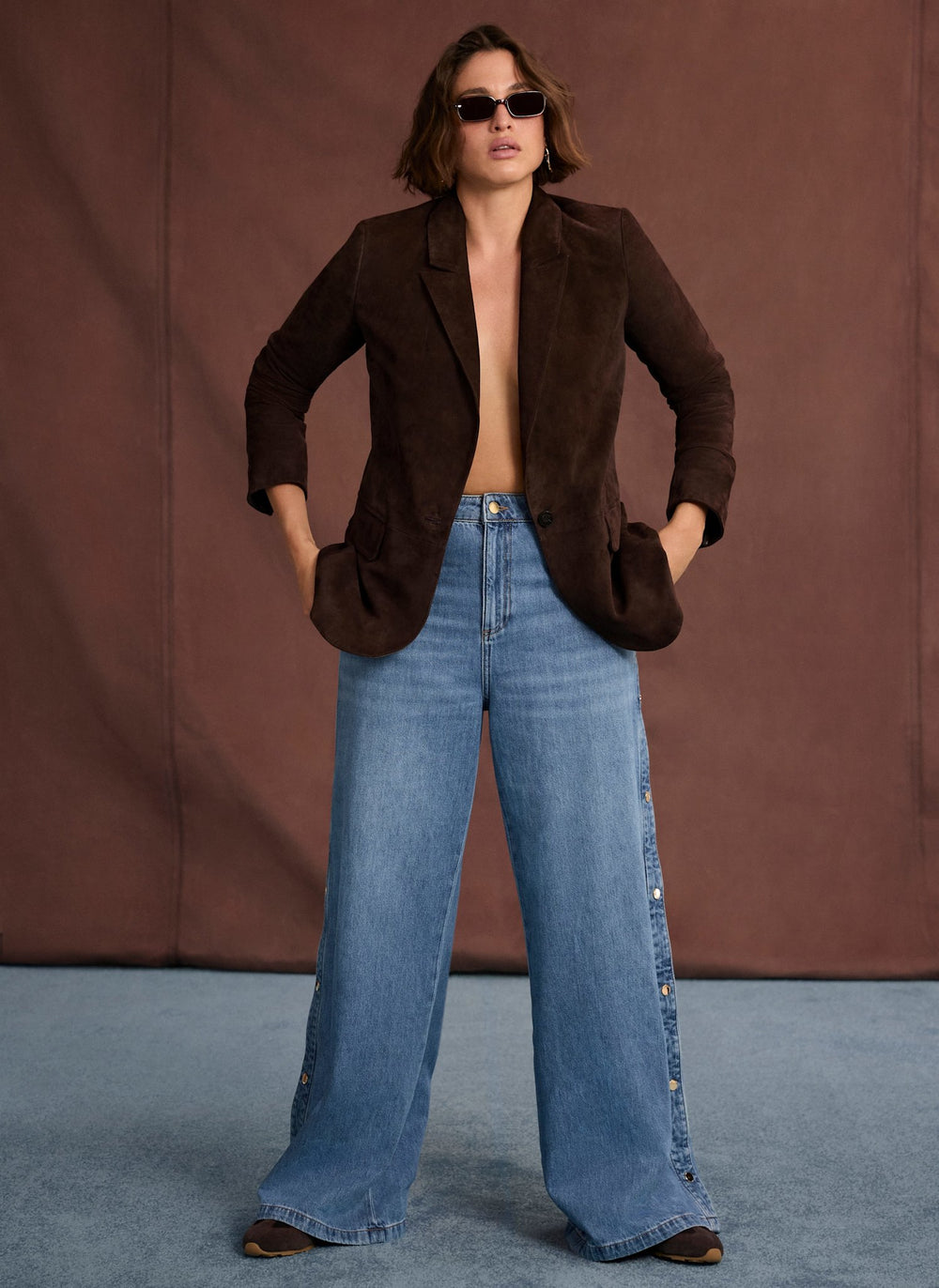 Mid Indigo Popper Detail Wide Jeans