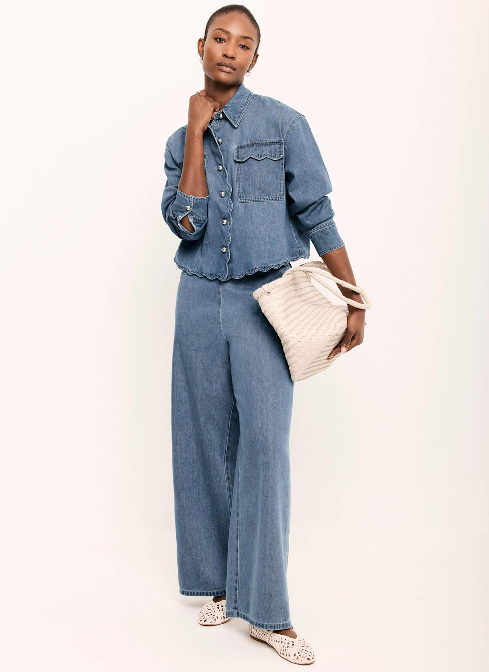 Indigo Scallop Trim Wide Jeans