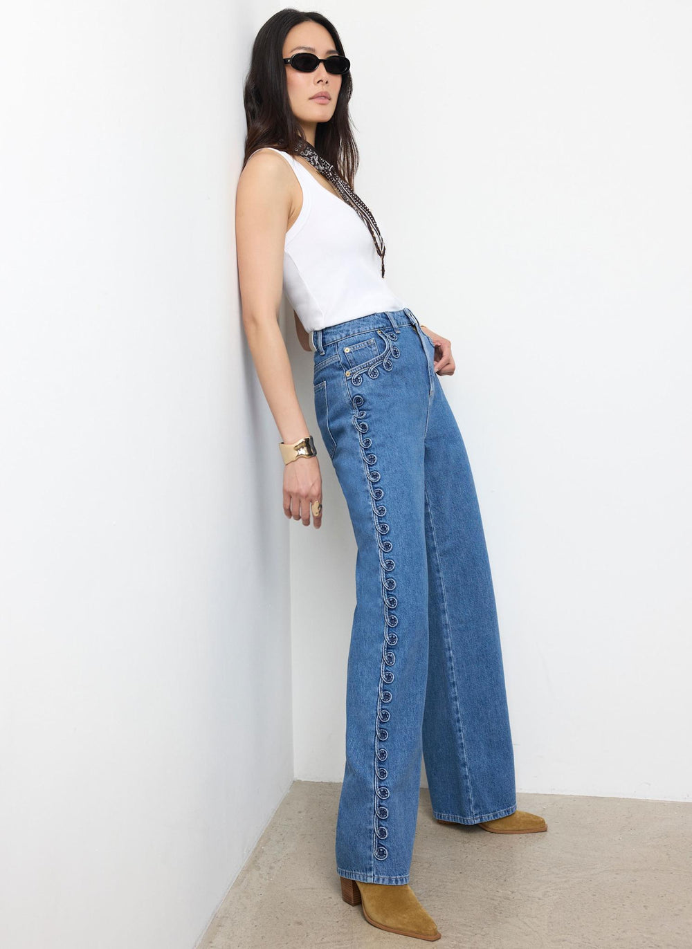 Mid Indigo Swirl Detail Wide Jeans
