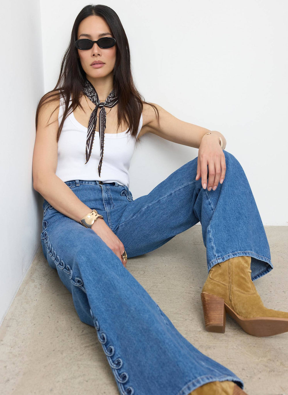 Mid Indigo Swirl Detail Wide Jeans