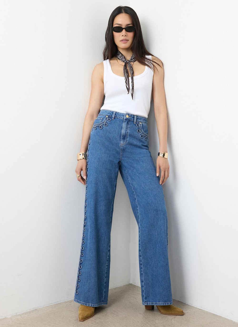 Mid Indigo Swirl Detail Wide Jeans