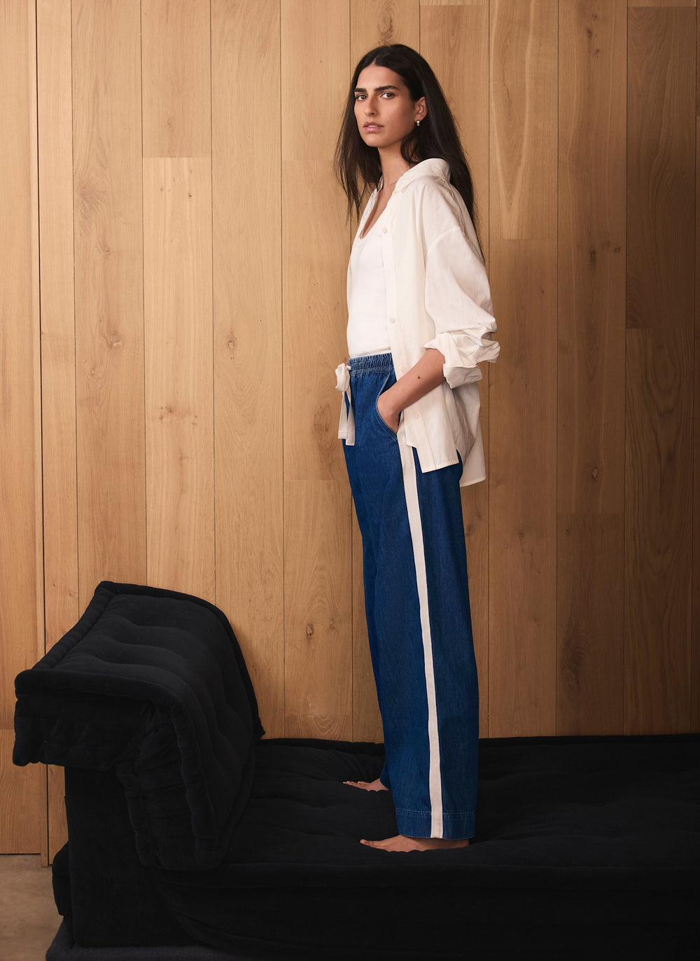 Indigo Tie Waist Side Stripe Wide Jeans