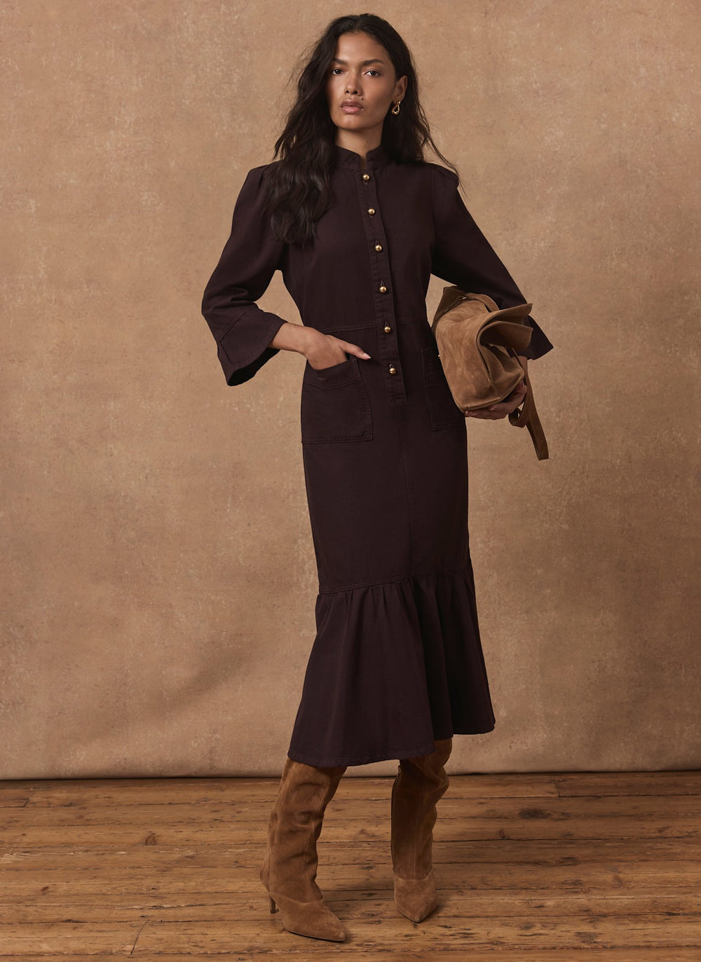 Burgundy Denim Midi Shirt Dress