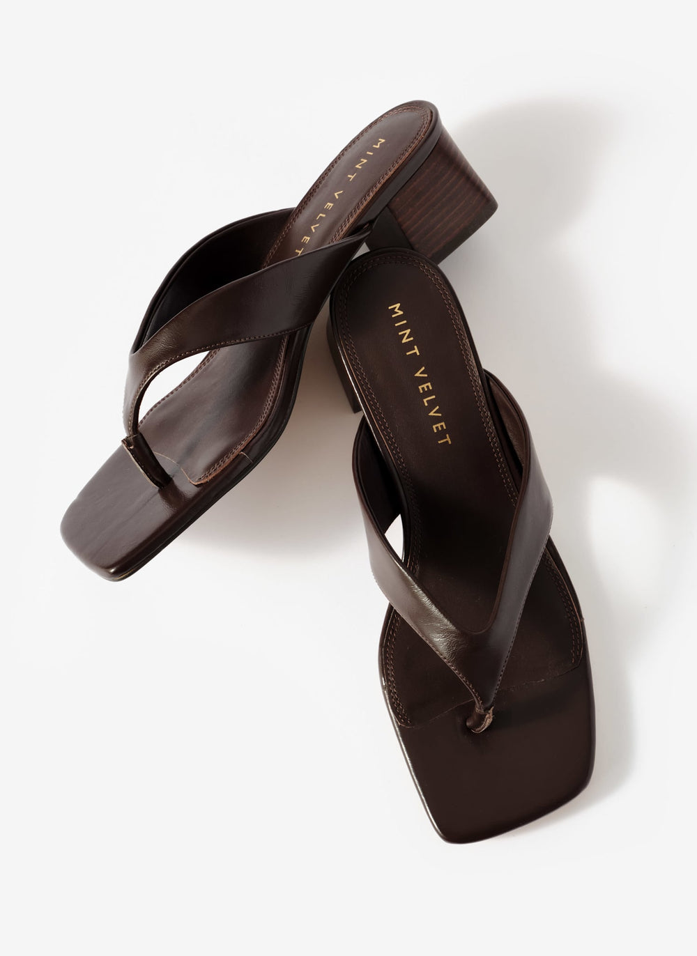 Millie Brown Leather Block Flip Flop Heels