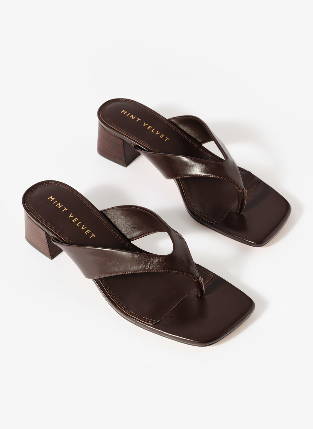 Millie Brown Leather Block Flip Flop Heels