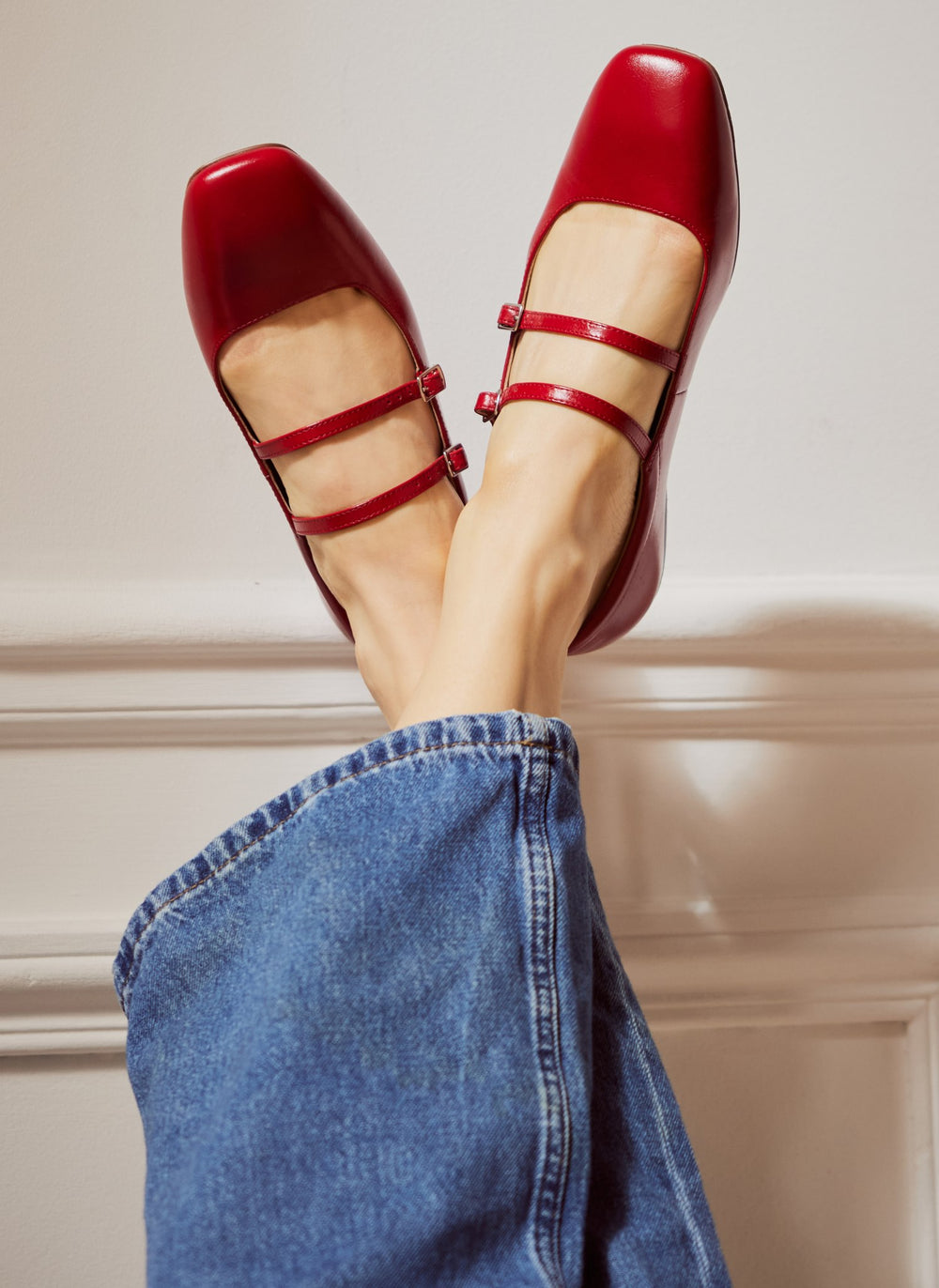 MJ Red Leather Ballet Pumps