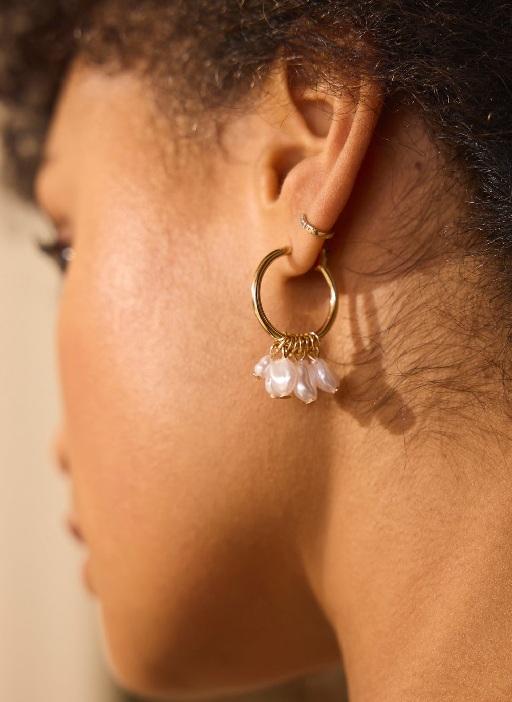 Gold Tone Hoop Mini Pearl Earrings
