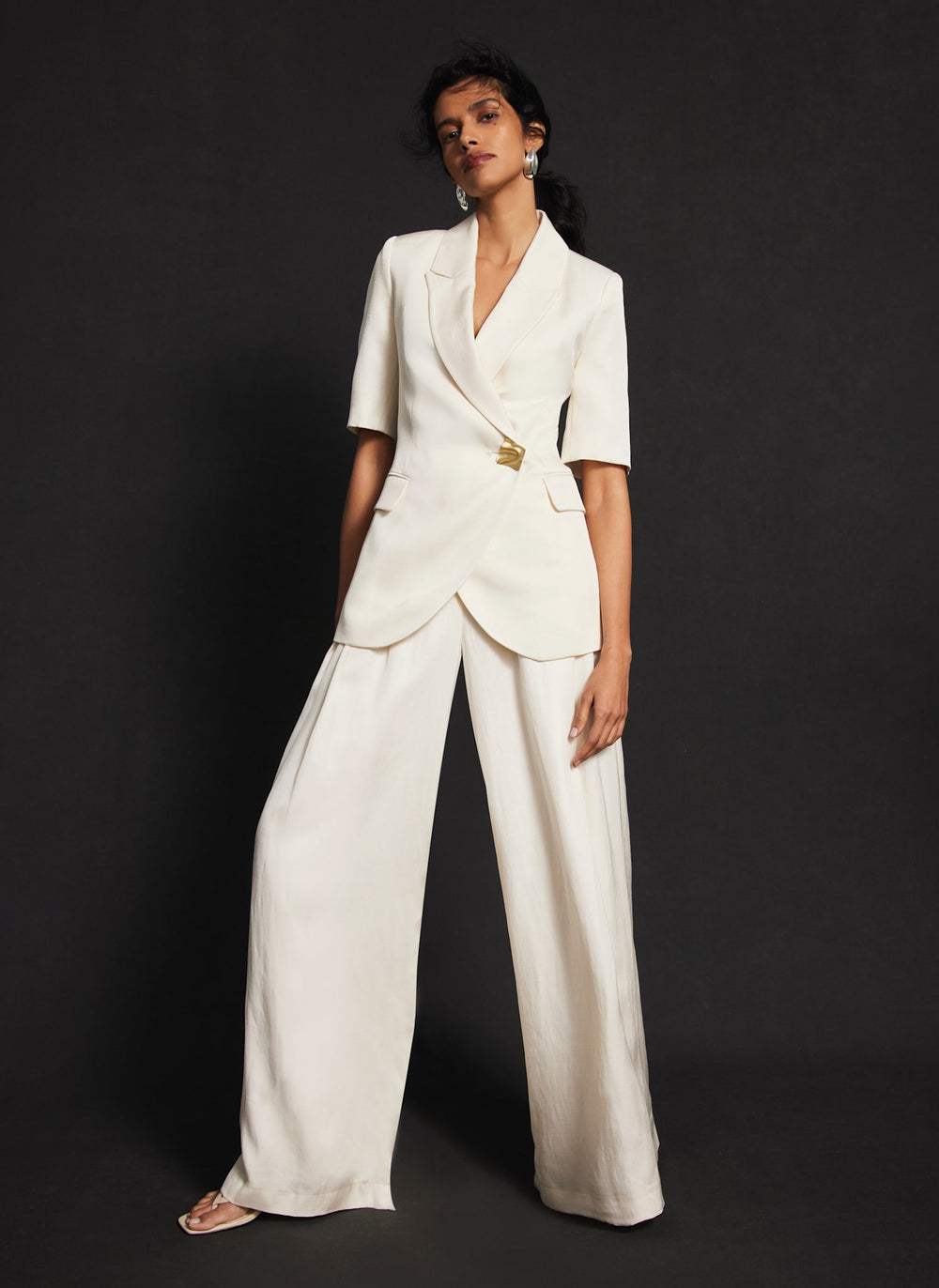 Cream Pleated Wide Trousers