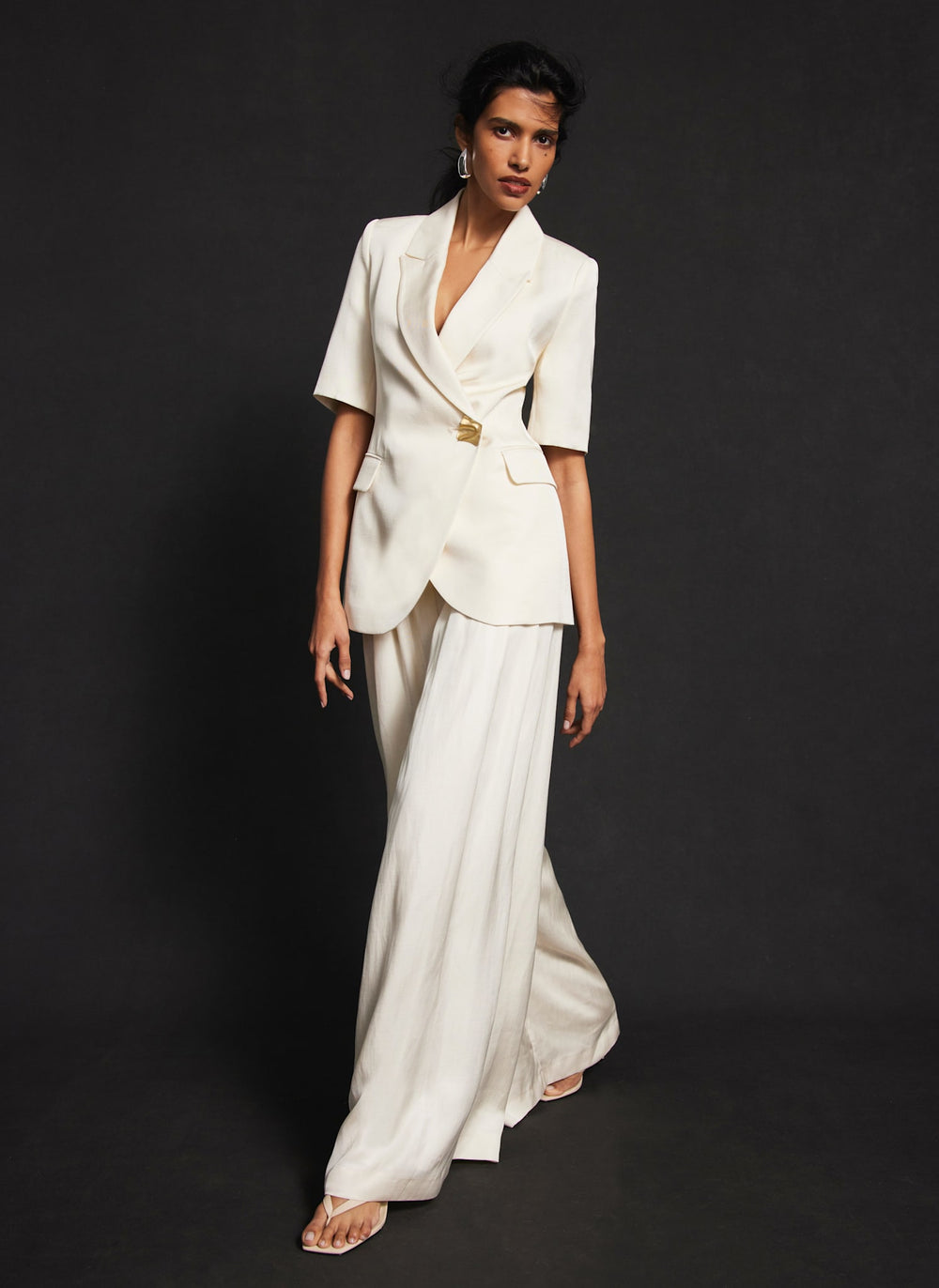 Cream Pleated Wide Trousers